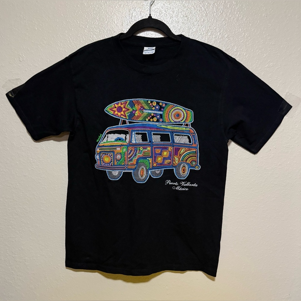 Puerto Vallarta Graphic Tee Medium | Colorful Surf Van Shirt Black | T Shirt - Picture 2 of 4